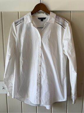 Brooks Brothers White Button-Up Shirt with Lace Shoulder Detail, Size 10/Large